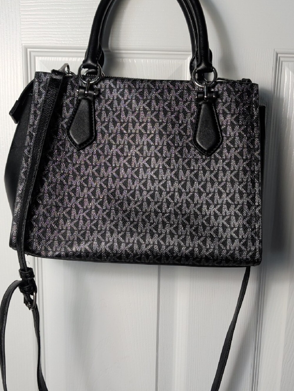 Michael Kors Black Signature Satchel with Silver Center Stripe - Picture 2 of 2